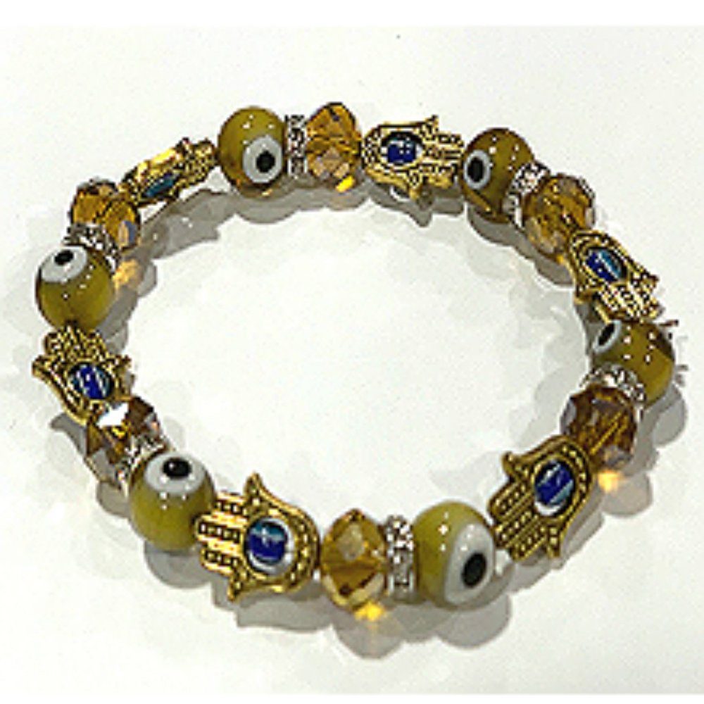 Gold Tone Eye Hamsa Hand Beaded Bracelet